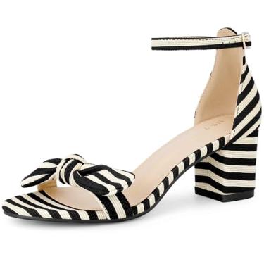 Imagem de Perphy Sandálias femininas de salto grosso com laço listrado e tira no tornozelo, Preto, 36