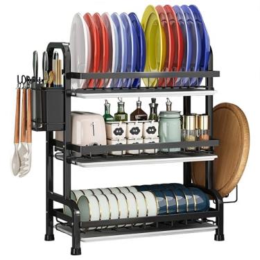Imagem de Escorredor de Louça 3 Andares em Aço Carbono Inox Preto Grande 3 Níveis com Suporte para Pratos Copos Talheres Bandeja Coletora Base Antiderrapante Organizador de Pia Cozinha Antiferrugem Organização