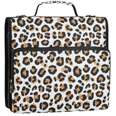 Imagem de Fichários de 3 anéis de 3 anéis resistentes leopardo preto bege branco zíper fichário organizador de fichário com alça de ombro para portfólio de estudantes escolares e porta-pastas, 34,5 x 31,5 x 9
