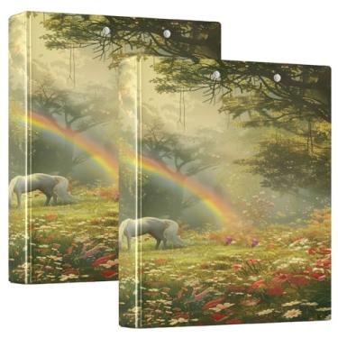 Imagem de Enchanted Forest Unicórnio Arco-íris, pacote com 2 fichários de 5 cm com prancheta, material escolar estético, prancheta de pasta resistente