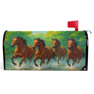 Imagem de TSENQUE Capas magnéticas decorativas para caixa de correio com desenho animado marrom cavalo verde outono caixa de correio vinil decorações modernas caixa de correio tamanho padrão 52,6 x 45,8 cm