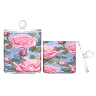 Imagem de GAIGEO Rosas rosas coloridas no recipiente de armazenamento transparente para aquarela com tampa, conjunto de suporte de bola de algodão, organizador de maquiagem de plástico, pacote com 2