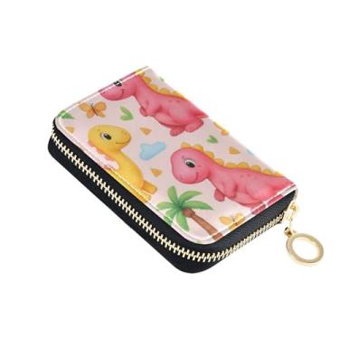 Imagem de Carteiras de cartão de crédito, carteira de couro com bloqueio de RFID, carteira feminina masculina com bolso para moedas, dinossauros rosa e amarelos fofos