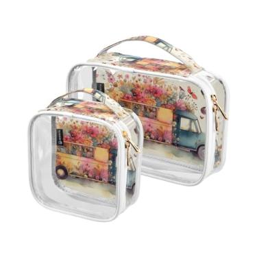 Imagem de GAIGEO Ônibus retrô com estampa de primavera, pacote com 2, bolsa transparente para viagem, bolsas transparentes de maquiagem para viagens, Caminhão de mola borboleta com flores coloridas, one size