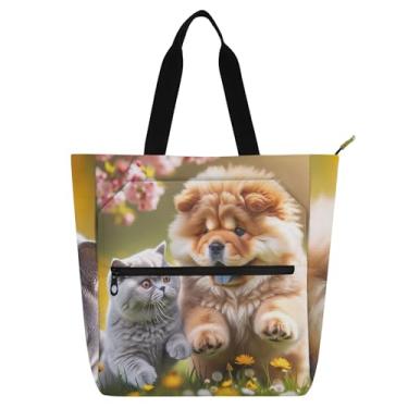 Imagem de Bolsa de trabalho feminina Chow Chow Chow Dog Cute Cat de lona com zíper, bolsa de praia, bolsas de viagem, presente para amantes de livros