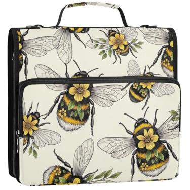 Imagem de Organizador de fichário com zíper, flores amarelas, folhas, asas, 3 anéis, 3 anéis, bolsa profissional para fichários escolares com alça de ombro, estojo portfólio de armazenamento com alça, 34,5 x