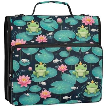 Imagem de Lindos desenhos animados sapos coroas organizador de fichário com zíper 3,5 polegadas, fichários resistentes com alça, pasta de armazenamento de bolsa de ensino médio com alça, 34,5 x 31,5 x 9 cm