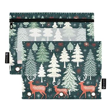 Imagem de Bolsa com zíper de veado da floresta de Natal de inverno para fichário de 3 anéis, bolsa de lápis com 3 furos, lápis de material de escritório, pacote com 2