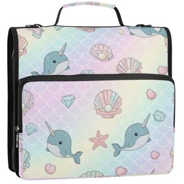 Imagem de Lindo organizador de fichário de baleias com zíper, 3 anéis, 3 anéis, bolsa escolar com alça de ombro, pasta de armazenamento com alça, 34,5 x 31,5 x 9 cm