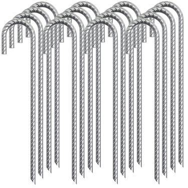 Imagem de Estacas de chão de 30,5 cm J Hook Estacas de vergalhão pacote com 16 estacas de metal galvanizado resistente à ferrugem para barraca, vela sombra, gramado, praia e ancoragem ao ar livre (prata, J-12 x
