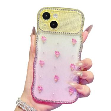 Imagem de IDYStar Capa para iPhone 14 linda 3D epóxi morango sorvete com moldura brilhante ondulada, brilho gradiente, antiamarela, à prova de choque, capa protetora para iPhone 13/14 de 6,1 polegadas, dourado