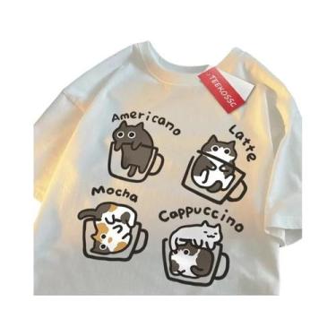 Imagem de Camiseta De Algodão Estilo Americano Com Estampa De Gato Café Para Hom