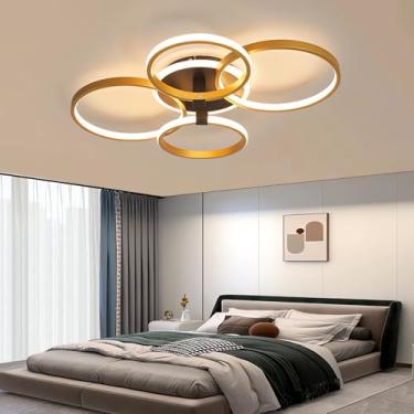 Imagem de Luminária de teto LED dimerizável 45W dourada para sala de estar com controle remoto, redonda, para quarto, cozinha, semi-embutida, para economia de energia, para escritório (5 lâmpadas)