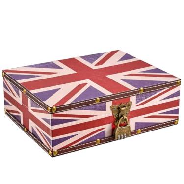 Imagem de KOGLAR Baú de tesouro de madeira e couro com tampa e trava - pequena caixa de armazenamento decorativa de joias de madeira para decoração de casa de carta de viagem de aniversário - Padrão Union Jack