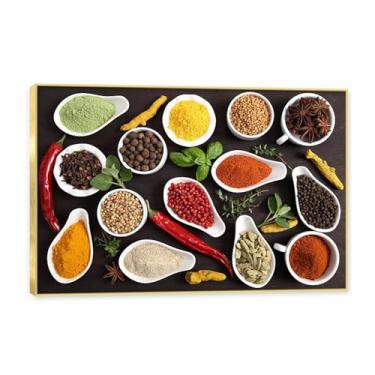 Imagem de Moldura dourada. Arte de parede em tela de especiarias coloridas e colher de tempero | Decoração de cozinha vintage | Arte moderna para casa e sala de jantar. C108. 50 x 75 cm - 19,7 x 29,6 pol