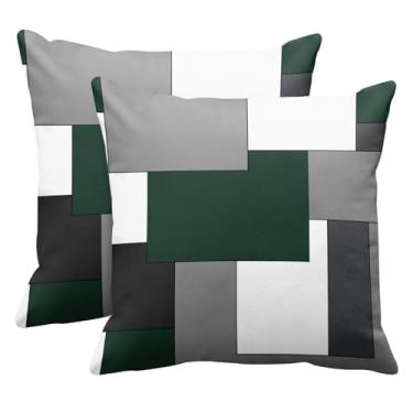 Imagem de Emvency Conjunto de 2 capas de travesseiro geométrico verde escuro preto cinza branco pintura abstrata xadrez design decorativo decoração de casa moderna padrão quadrado 45,7 x 45,7 cm fronha de