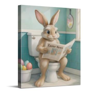 Imagem de Impressões engraçadas em tela de jornal lendo coelho, arte de parede em tela estilo banheiro peculiar, decoração de banheiro, decoração de quarto infantil, decoração de casa tema coelhinho da Páscoa