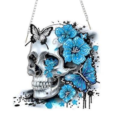 Imagem de DOMROM Kits de pendurar arte de diamante de caveira para adultos iniciantes, pingente de crânio com pintura de diamante de cristal de formato especial, apanhadores de sol de arte de diamante DIY para