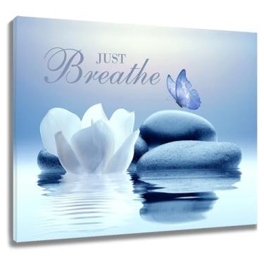 Imagem de EOBTAIN Arte de parede em tela zen banheiro borboleta azul e pedra floral relaxante apenas respire arte de parede emoldurada ioga spa escritório imagens calmantes tela decoração de parede para sala de