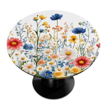 Imagem de Pardick Toalha de mesa redonda com flores naturais da primavera com borda elástica, toalha de mesa à prova d'água e limpa para piquenique, pátio, serve para mesas de até 114 a 142 cm de diâmetro