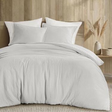 Imagem de PHF Conjunto de edredom queen de musselina de algodão – capa 100% algodão, ultramacia e respirável, 3 peças, roupa de cama leve para todas as estações com enchimento de poliéster, 1 edredom 228 x 228