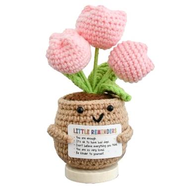 Imagem de Mandy's Vaso de flores de tulipa de crochê – decoração de mesa de malha fofa com cartão de citação, presente feito à mão para mulheres e amigas, presente de Dia dos Namorados e Páscoa, escritório em