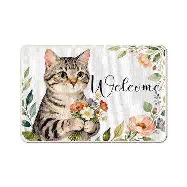 Imagem de kaiwern Cat Welcome Tapetes de cozinha de primavera, tapetes de cozinha coloridos antiderrapantes primavera verão flores, tapetes de cozinha florais para cozinha doméstica (A)