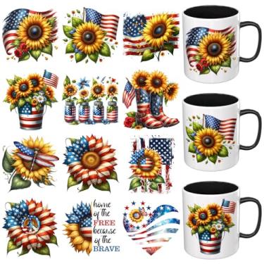Imagem de Dorsbaby Adesivos UV DTF - 12 folhas 4 de julho DTF Cup Wrap para canecas de café de vidro (sublimação de girassol 4 de julho)