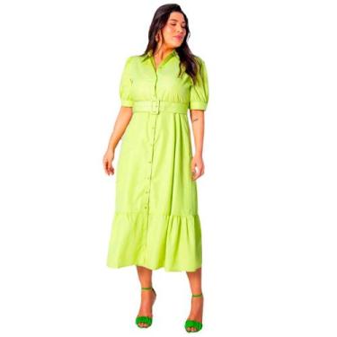 Imagem de Vestido plus size manga curta midi com cinto e saia evase em crepe ele