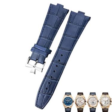 Imagem de ORKDFJ Pulseira de relógio com interface convexa de couro genuíno de 25-9 mm para Vacheron Constantin Overseas Black Blue Brown Bamboo Grain Watch Bands (Cor: azul claro, prata, Tamanho: 25-9 mm)