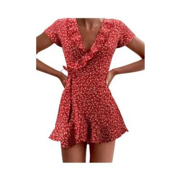 Imagem de Vestido Mini Floral Com Babados E Decote Em V Para Mulheres, Elegante 