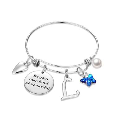 Imagem de Pulseiras com pingente inicial para mulheres joias presentes Be Your Own Kind of Beautiful Pulseira de borboleta expansível inspiradora de aço inoxidável letra A-Z presentes de aniversário e Natal