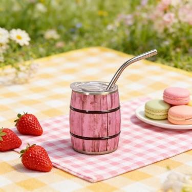 Imagem de Copo de dose mini copo de 85 g com canudo e tampa, copos coloridos de aço inoxidável, copos isolados a vácuo de parede dupla, caneca de água estilo barril de vinho rosa