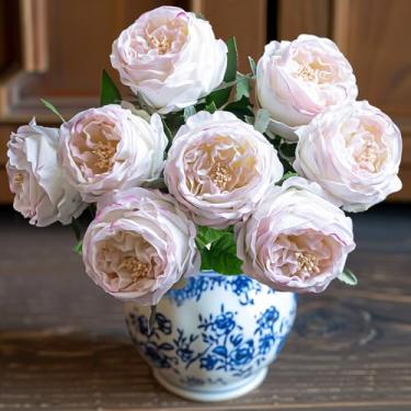 Imagem de YILIUFA 4 peças de flores artificiais de peônias de toque real, 8,5 cm flor falsa de látex rosa Austin com hastes para buquê de casamento, festa de dia dos namorados, casa e cozinha (borda rosa)