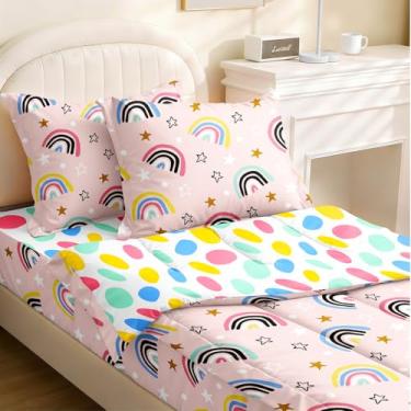 Imagem de Yadangxiawa Jogo de edredom infantil, solteiro com zíper, estampa de arco-íris, com manchas coloridas, lençol com elástico e fronhas para todas as estações (arco-íris-B)