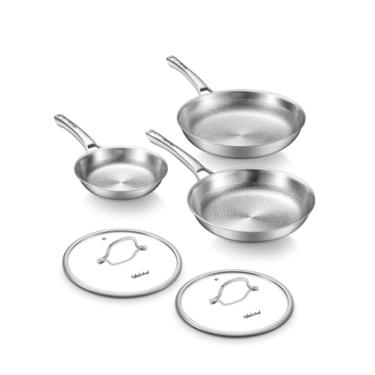 Imagem de Conjunto de panelas de titânio, 20 + 25 + 30 cm, martelado de titânio puro, com duas tampas, frigideira antiaderente para cozinhar, não tóxica, sem PFAS/PFOA/PTFE, seguro para lava-louças e forno