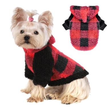 Imagem de Suéter xadrez para cães pequenos, meninas, meninos, com capuz, moletom com capuz, roupas quentes e fofas para clima frio, férias de Natal (PP, vermelho)