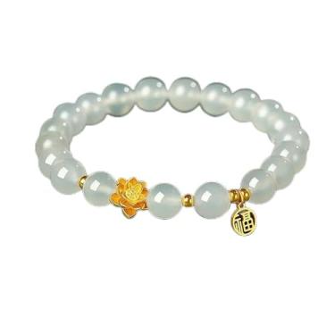 Imagem de Pulseira feminina com contas de ágata branca com pingente de lótus dourado, pulseira de cristal de cura elástica, presente de joias de atração e boa sorte