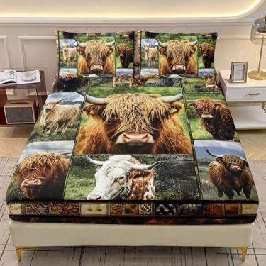 Imagem de AILONEN Jogo de cama Queen com estampa de vaca Highland, rústica, gado de fazenda, com 2 fronhas, para crianças e adolescentes, jogo de lençol xadrez de 3 peças