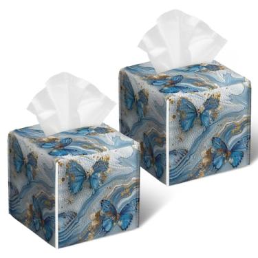 Imagem de Capa de caixa de lenços de borboleta azul, 2 peças, suporte de caixa de lenços de papel facial quadrada de mármore para banheiro, quarto, mesa, escritório
