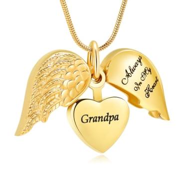 Imagem de mingkejw Colar de urna de coração de asa de anjo para cinzas, joias de cremação para mulheres e homens, colares de memorial de aço inoxidável, suporte de cinzas para animais de estimação humanos,