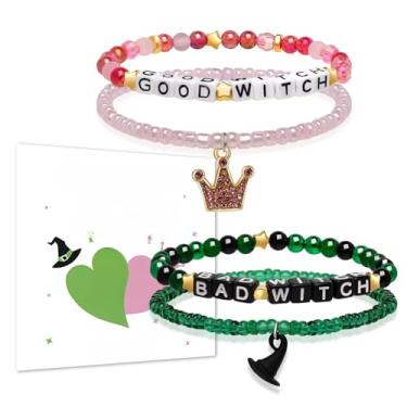 Imagem de Teilwenl Conjunto de pulseiras de amizade de bruxa com pingente de coroa e pingente de chapéu de bruxa, pulseiras de contas rosa e verde, presentes de bruxa para fãs