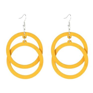 Imagem de Brincos Boho para mulheres, brincos de madeira, brincos de círculo duplo, vintage, brincos geométricos, joias presentes para meninas, Adjustable, Latão, Sem pedra preciosa