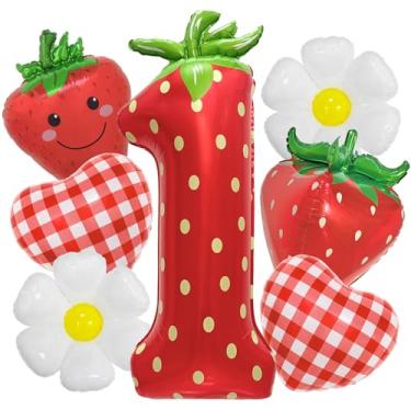 Imagem de Balões de morango Decorações de festa de 1º aniversário - Balão número 1 de 102 cm Balão vermelho guingão coração e margarida para decoração de primeiro aniversário de frutas silvestres 7 peças