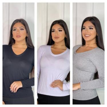 Imagem de Kit 3 gola v manga longa básica - GK TODA BELA, Preto, Branco, Cinza, 