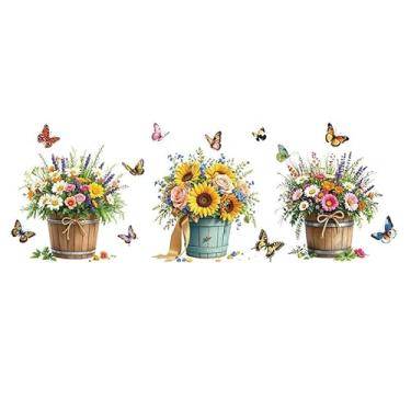 Imagem de 3 peças de cestos de flores decalques de janela de borboleta 30 cm x 30 cm adesivos de borboleta florais adesivos de película de película adesiva para sala de estar quarto casa decoração de vidro