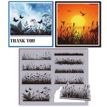 Imagem de GLOBLELAND Selos de borracha com silhueta de flores silvestres, 22 x 17,8 cm, com moldura de grama, para decoração de álbum de fotos, decoração de álbuns de fotos, faça você mesmo, álbum de recortes