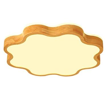 Imagem de Lustre de madeira com 18 watts de potência, luz LED branca quente, ideal para áreas de recepção, com fluxo luminoso de 4750lm. Também perfeito para quarto infantil, com design criativo e aco