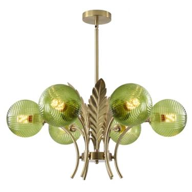 Imagem de Lustre moderno de 6 lâmpadas, estilo Sputnik dourado de meados do século XX com cúpulas de vidro verde, luminária pendente clássica de altura ajustável com instalação semi-embutida.