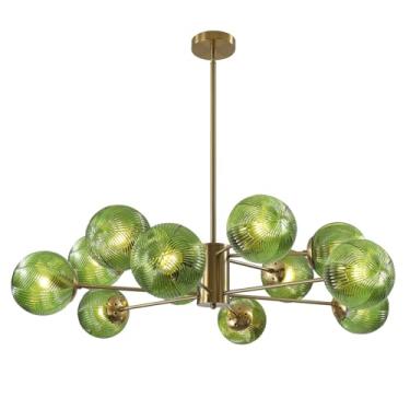 Imagem de Lustre pendente de vidro verde com detalhes dourados para sala de jantar, lustre moderno estilo Sputnik, lustre bolha, luminária de meados do século XX para sala de estar e hall de entrada.